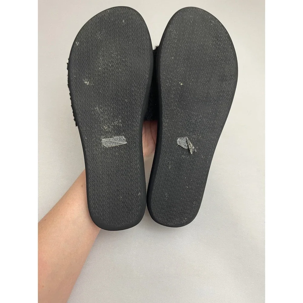 Michael Kors Black Fuzzy Faux Fur MK Logo Slides Sandals Slip On Adjustable READ